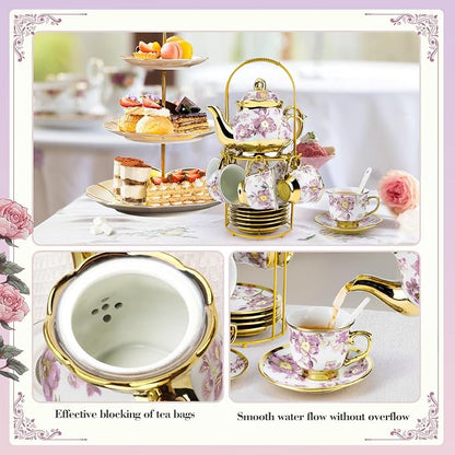 20 Pcs Porcelain Tea Set with Metal Holder, 700ml/23oz European Ceramic Tea Set - Image 4