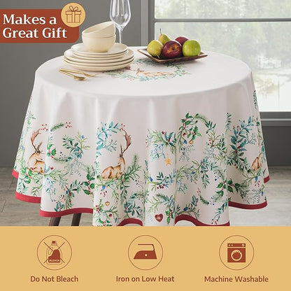 Maison d' Hermine Table Cloth Round Table 100% Cotton 69 Inches Fall Tablecloth Reusable Everyday Use for Thanksgiving Christmas Decorations Dining Farmhouse Party (Holly Time)