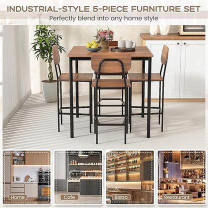 Giantex 5-Piece Dining Table Set W/Counter Height Table & 4 Bar Stools, Industrial Kitchen Dining Table Set W/Footrest & Backrest, Space-Saving Dinette Set for Pub, Dining Room, Restaurant (Teak)