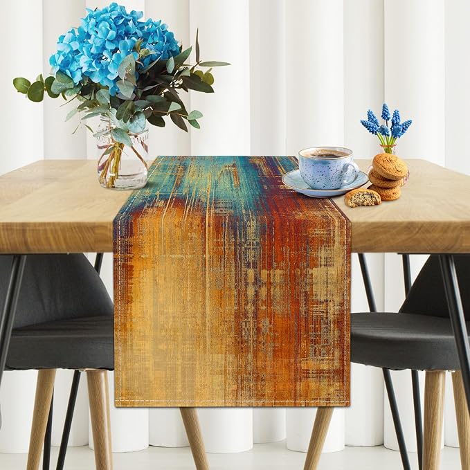 Long Table Runner Vintage Abstract Blue and Orange Table Runner Messy Rust - Image 2