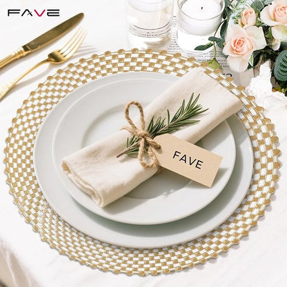 FAVE Set of 6 Gold Vinyl Round Placemats, Washable Spiral Hollow Out for Dining, Events, Home Decor & Daily Use (15 Inch)