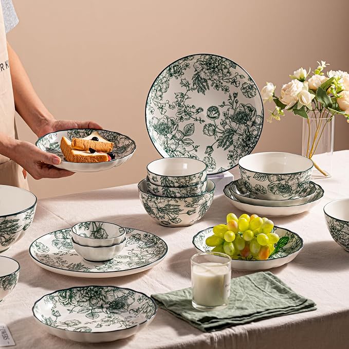 Ceramic Dinnerware Set, Floral Plates and Bowls Sets, Microwave & Dishwasher - Image 8