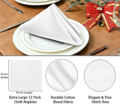 Ruvanti Cloth Napkins set of 12, 18x18 Inches Napkins Cloth Washable, Soft, Durable, Absorbent, Cotton Blend. Table Dinner Napkins Cloth for Hotel, Lunch, Restaurant, Weddings, Events, Parties - White