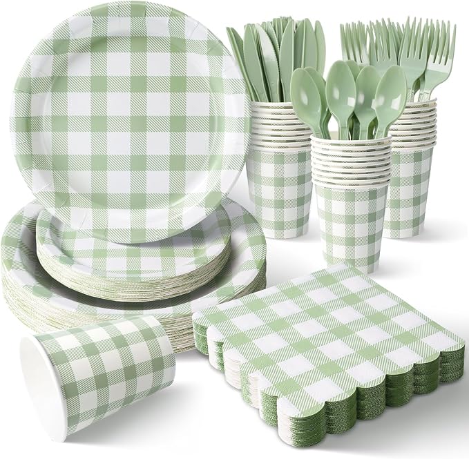 Vyntra 175 Pcs Sage Green & White Checkered Gingham Paper Plates and Napkins Set by PartyTablewareSupplies