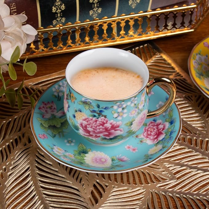KAMMAK Tea Cup and Saucer, Ceramic Coffee Cups, 7.1 oz, Afternoon Tea and - Image 6