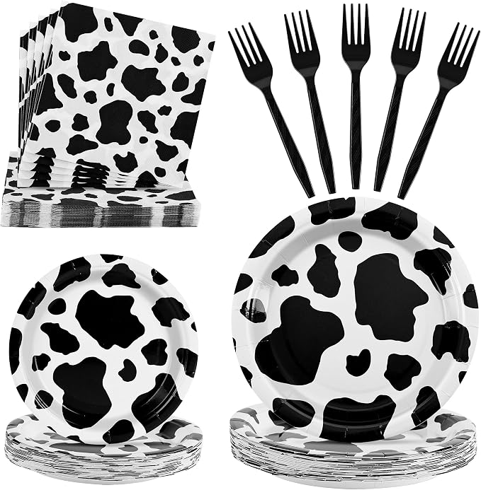 100 Pcs Disposable Black Cow Print Tableware Set by Unknown