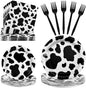 100 Pcs Disposable Black Cow Print Tableware Set by Unknown