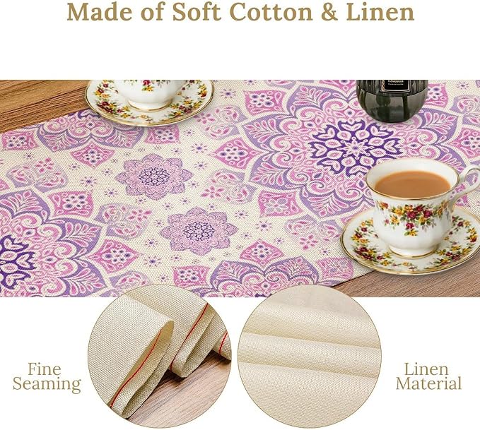 Purple Pink Mandala Table Runner, Traditional Indian Boho Mandala Flowers Print - Image 6