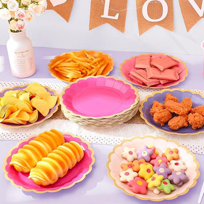 96 Pcs Pink and Purple Paper Plates 9 Inch Gradient Scalloped Paper Plates Disposable Dinner Dessert for Birthday Wedding Bridal Party Supplies, 6 Colors