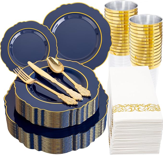 KIRE 210Pcs Navy Blue Plastic Plates by KIRE