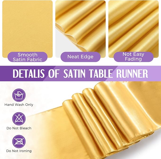8 Pack Purple and Gold Disposable Plastic Tablecloths and Satin Table Runner Set - Image 4