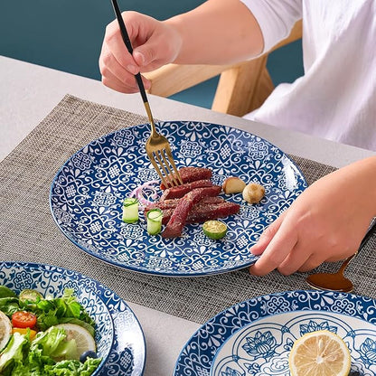 Bestone Porcelain Dinnerware Sets Service for 4, 12 pcs Hand drawn Plates and Bowls Sets, Handmade Ceramic Dish Set, Chip Resistant Modern Plate Set, Dishwasher/Microwave Safe，Vintage Blue