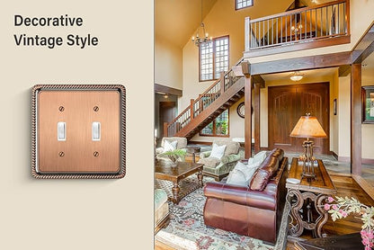 Henne Bery Rope Edge Decorative Wall Plate Switch Plate Outlet Cover (Double Toggle, Antique Copper)