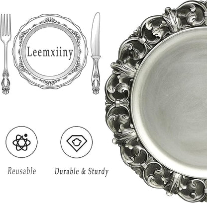 13" Antique Silver Charger Plates, Set of 6 Plastic Textured Chargers for Dinner Plates with Embossed Rim, Table Décor, Party, Wedding, Holiday