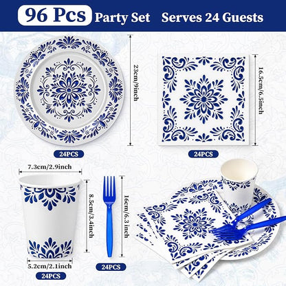 96 Pcs Cielito Lindo Party Supplies De Barro Mexican Talavera Blue Party Plates - Image 3