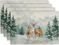 Christmas Watercolor Deer Trees Snowflakes Placemats Set of 4 Winter Rustic Nature Forest Linen Table Mat 12x18 Inch Seasonal Farmhouse Washable Place Mats for Dining Table Kitchen Xmas Decor
