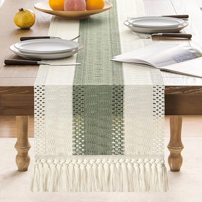 Macrame Style Bicolor Stitching Table Runner 14x36in Green | Woven Boho Table - Image 2