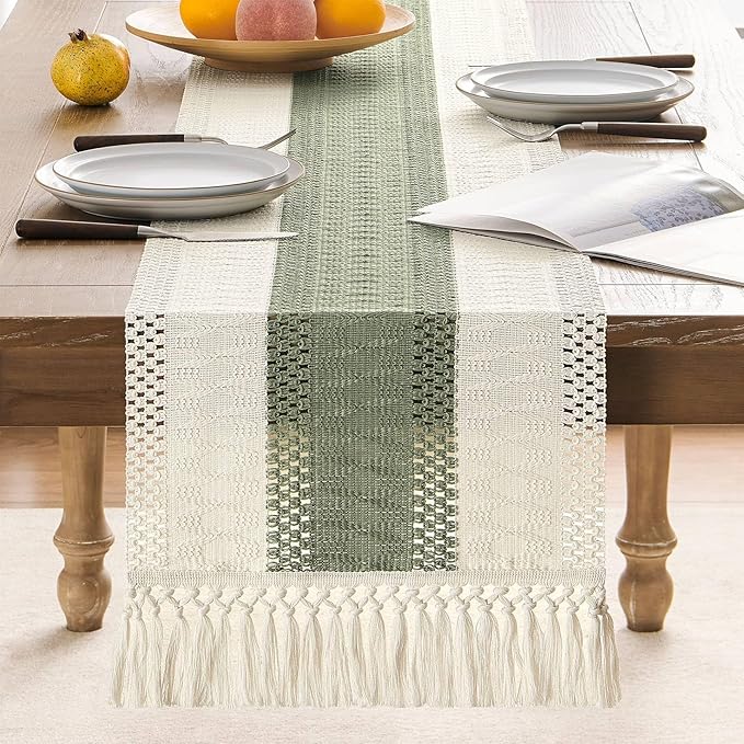 Macrame Style Bicolor Stitching Table Runner 14x48in Green | Woven Boho Table - Image 2
