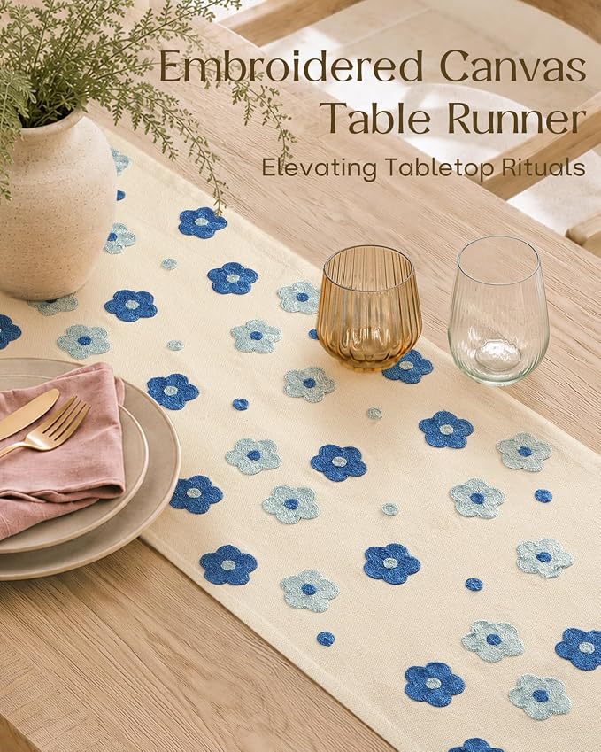 Embroidered Canvas 13"x 72" Narrow Table Runner, Speedwell | Exquisite - Image 2