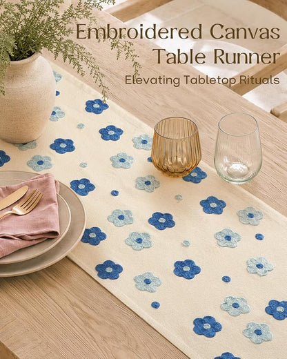 Embroidered Canvas 13"x 72" Narrow Table Runner, Speedwell | Exquisite - Image 2