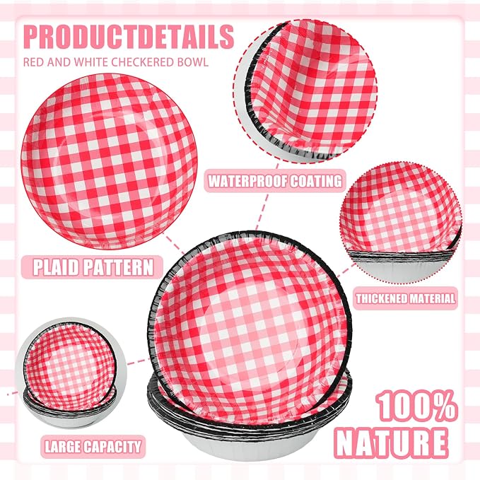 50 Pcs Small Paper Bowls 8 oz Red Gingham Bowls Disposable Microwave and - Image 3