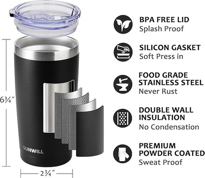 SUNWILL Travel Coffee Tumbler 20 oz, Insulated Mug with Lid, Stainless Steel Cup for Outdoor, Powder Coated Black