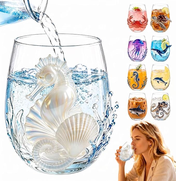 White Seahorse 3D Ocean Glass, Handcrafted Artistic Wine Tumbler | Unique by Unknown
