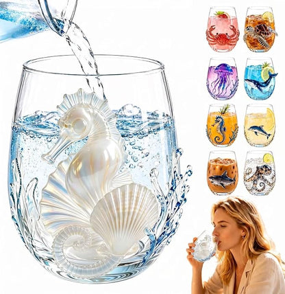 White Seahorse 3D Ocean Glass, Handcrafted Artistic Wine Tumbler | Unique by Unknown