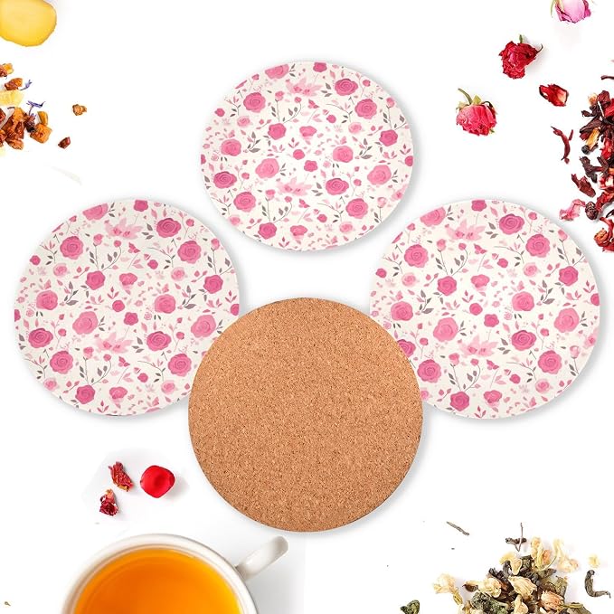 Seamless Pattern Red Roses Absorbent Coasters 4 Piecing Set Cork Base Cups - Image 6