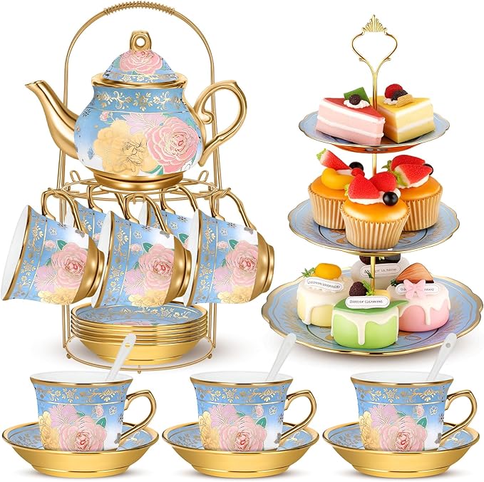 21 Pcs Ceramic Teapot Set Vintage Porcelain Tea Cups by Suttmin