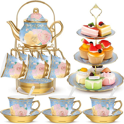 21 Pcs Ceramic Teapot Set Vintage Porcelain Tea Cups by Suttmin
