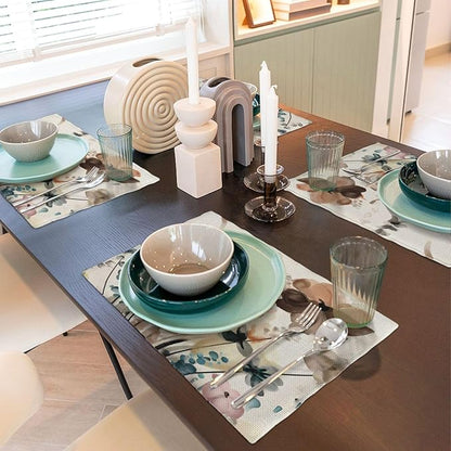 Floral Placemats 12x18 Inches Set of 4, Spring Summer Blue Brown Flower Decorative Rectangle Linen Table Mats for Party Home Kitchen Dining Table Decoration