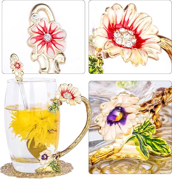 Flower Tea Cup, Butterfly Daisy Glass Fancy Coffee Mug - Image 4