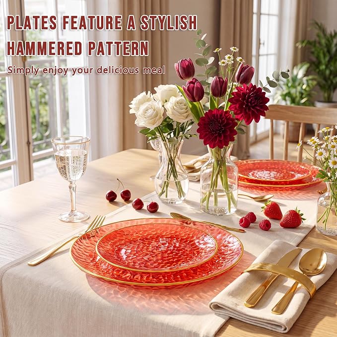 Rubtlamp 60 Pcs Red Plasitc Plates, Fancy Party Plates, Hammered Plastic plates - Image 4