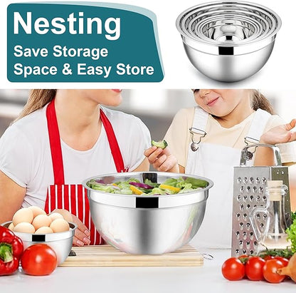 E-far Mixing Bowls with Lids, 12-Piece Stainless Steel Salad Bowls Metal Nesting Bowls for Baking Cooking and Prepping, Airtight Lids & Stackable Design, Size 7, 4.5, 3, 1.5, 1.2, 0.7 QT (Blue)