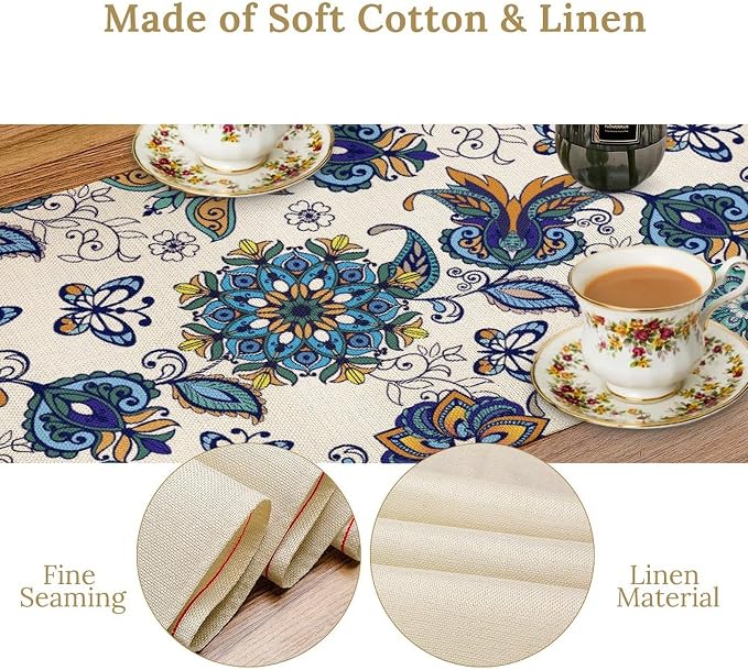 Oriental Paisley Table Runner, Luxury Vintage Blue Teal Floral Butterflies - Image 6