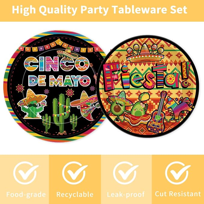 96 Pcs Cinco De Mayo Decorations, Fiesta Party Plates Napkins Forks - Image 3