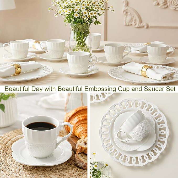 fMBB 7 Oz Tea Cups and Saucers, Rose Embossing Design, Bone Porcelain Tea Cups - Image 6