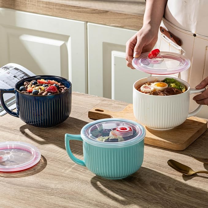 Ceramic Soup Bowl with Handle&Lid, Jumbo 38oz Microwave Ramen Bowl Set of 2 | - Image 4