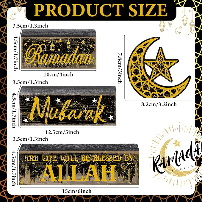 Moucuny 4 Pcs Ramadan Mubarak Table Decor Wooden Eid Mubarak Tabletop Signs - Image 3
