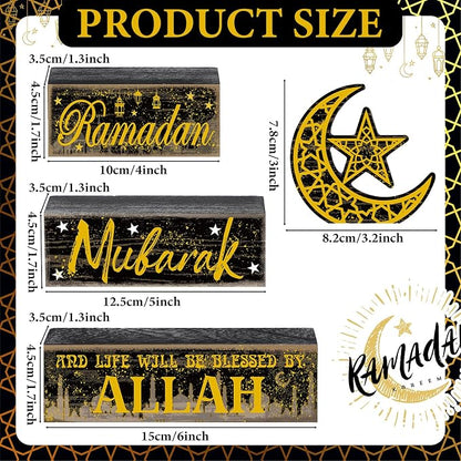 Moucuny 4 Pcs Ramadan Mubarak Table Decor Wooden Eid Mubarak Tabletop Signs - Image 3