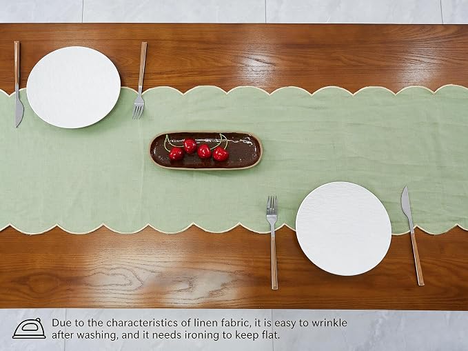 100% Natural Linen Rustic Scalloped Embroidery Table Runner 120 Inches Long - Image 4