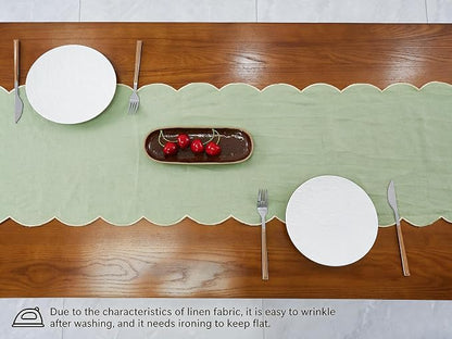100% Natural Linen Rustic Scalloped Embroidery Table Runner 120 Inches Long - Image 4