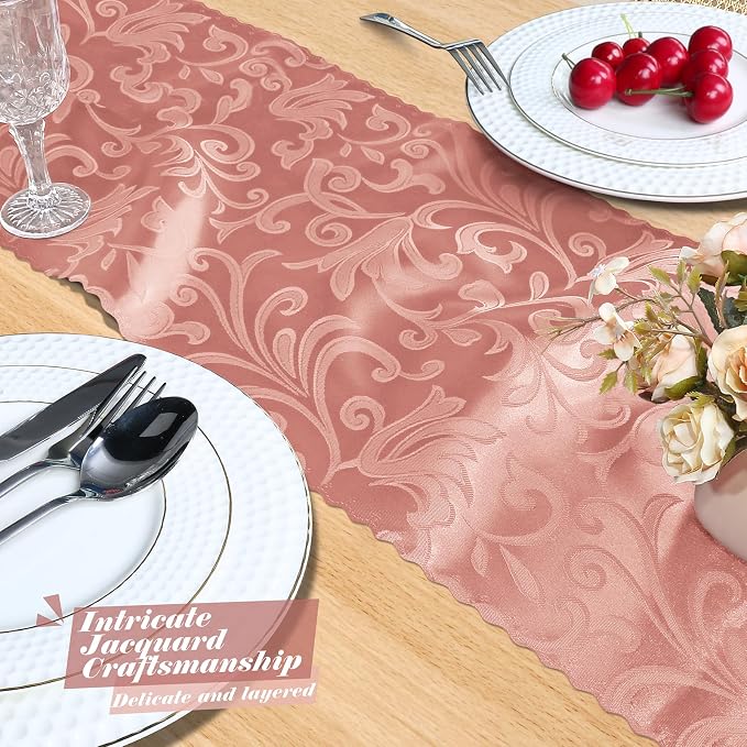 MILVOWOC 12 Pack Rose Gold Satin Table Runner, 12 x 72 Inch | Jacquard Damask - Image 7