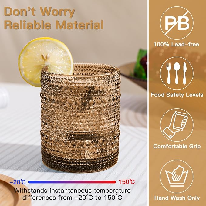 JOVGANK Brown Vintage Hobnail Drinking Glasses Set of 6, Embossed Water Tumbler - Image 3
