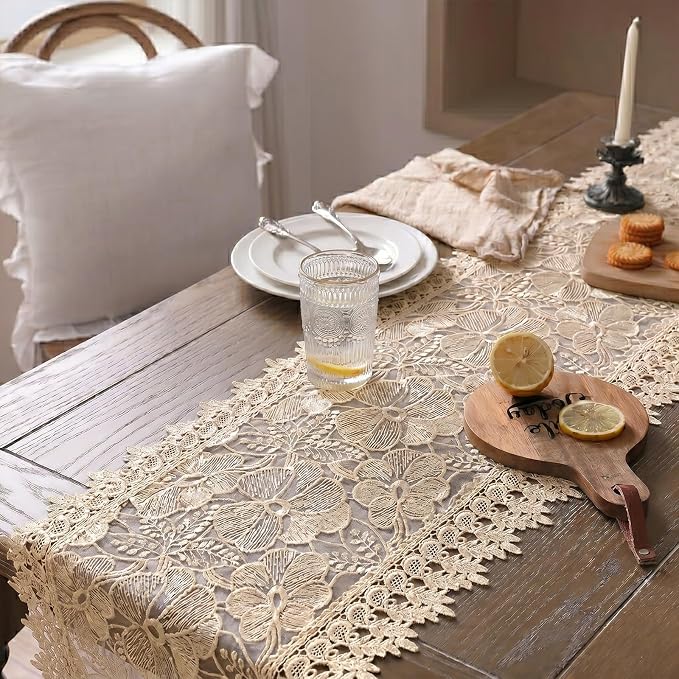 SIOLOC Champagne Lace Table Runner 14 x 72 Inch, Premium Embroidered Floral - Image 6