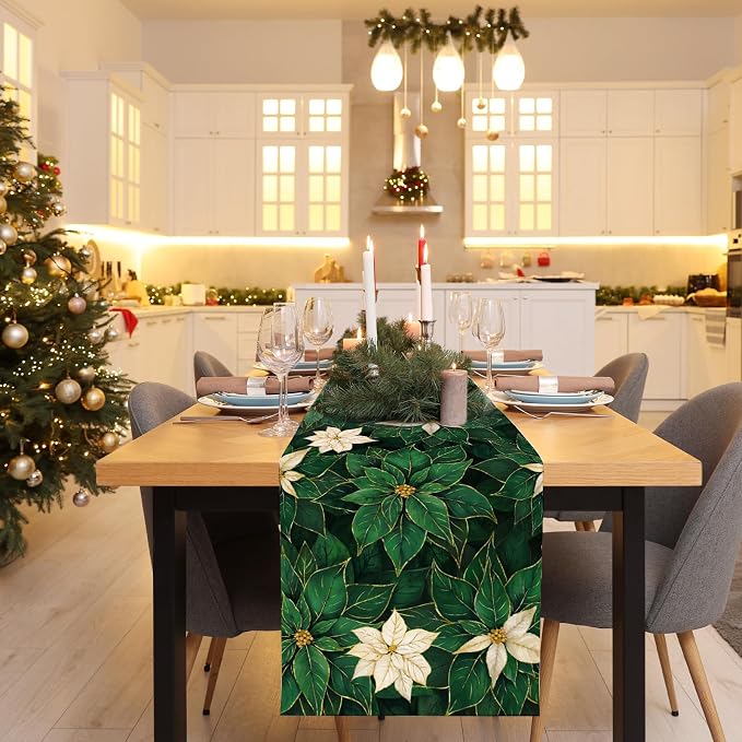 Green Poinsettia Table Runner Winter Floral Burlap Table Runners, Spring St - Image 8