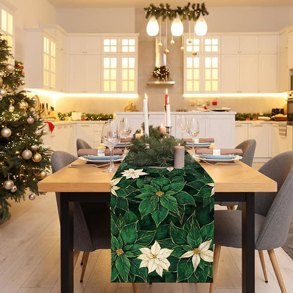 Green Poinsettia Table Runner Winter Floral Burlap Table Runners, Spring St - Image 8
