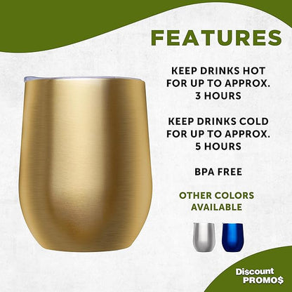 DISCOUNT PROMOS Stemless Wine Glass Tumblers with Lids by Largo 11 oz. Set of 6, Bulk Pack - Perfect for Wine, Cocktails, Other Hot & Cold Beverages - Gold