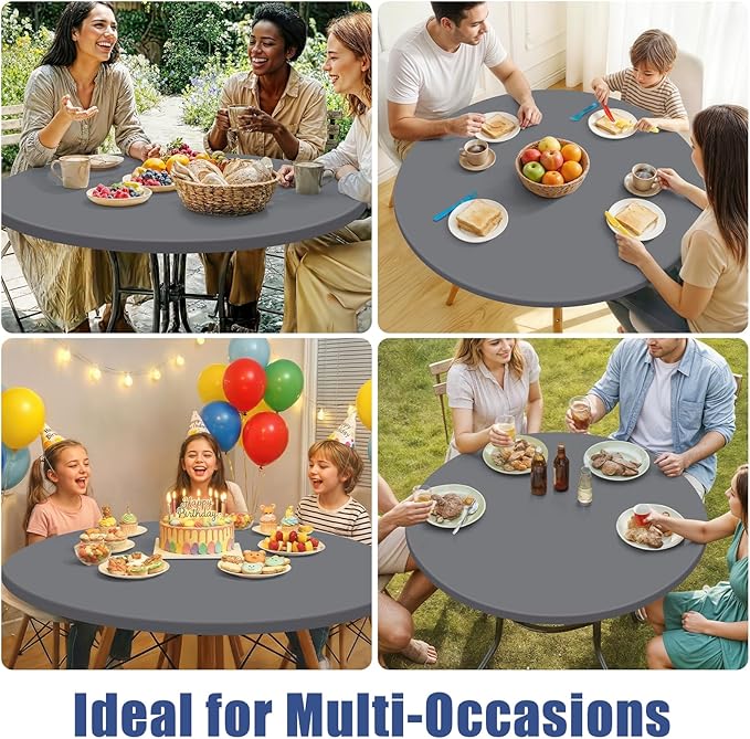 Round Spandex Tablecloth 2 Pack, Elastic Fitted Waterproof Tablecloths for 31"-35" Tables, Stretch Washable Picnic Table Cover for Camping, Dining, Indoor and Outdoor, Grey